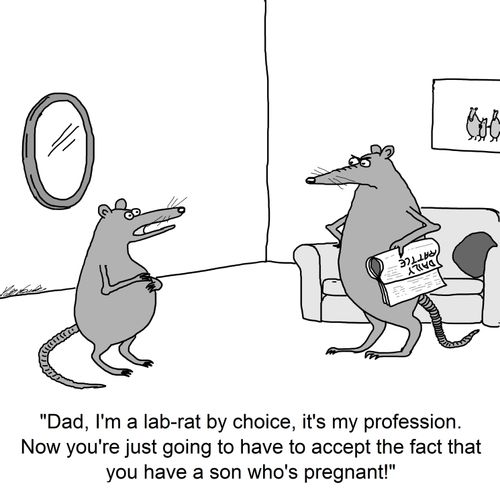 'Dad, I'm a lab-rat by choice, it's my profession. Now you're just going to have to accept the fact that you have a son who's pregnant!'