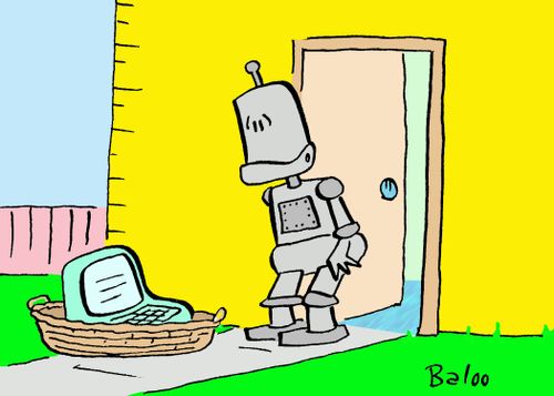 Robot finds computer on doorstep.