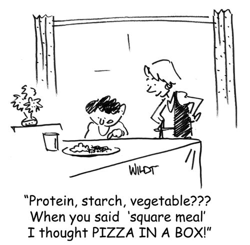 'Protein, starch, vegetable??? When you said 'square meal' I thought PIZZA IN A BOX!'
