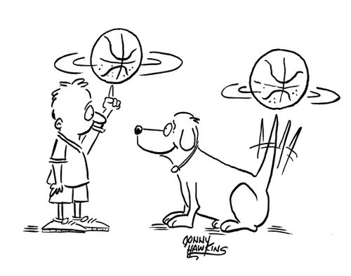Boy spinning basketball on finger next to dog spinning ball on wagging tail.