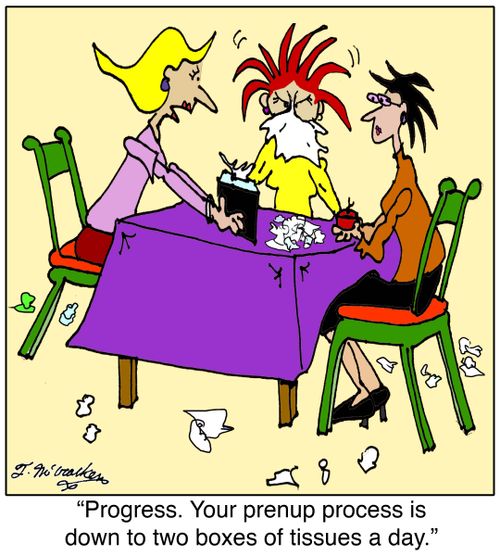 'Progress. Your prenup process is down to two boxes of tissue a day.'