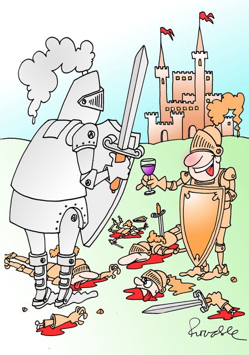 Knight offers his opponent a glass of wine.