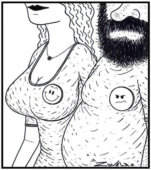 A happy smiley face on a large-breasted woman, and a not-so-happy Smiley face on a fat hairy man.