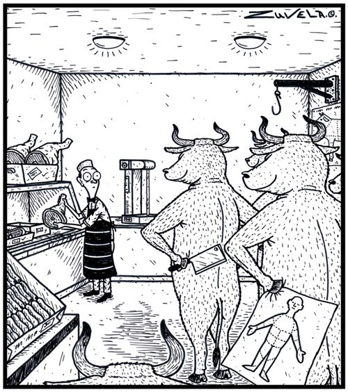 Angry Bulls about to try out their version of Butchering on an unsuspecting Butcher