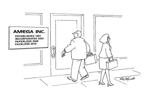 Amega Inc: Established 1991, incorporated 2003, paperless 2008, faceless 2010.