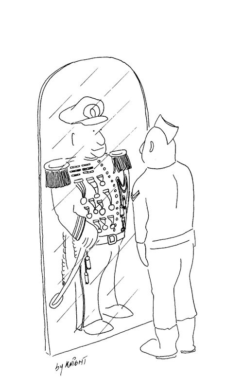 Soldier looking in the mirror and seeing a general.