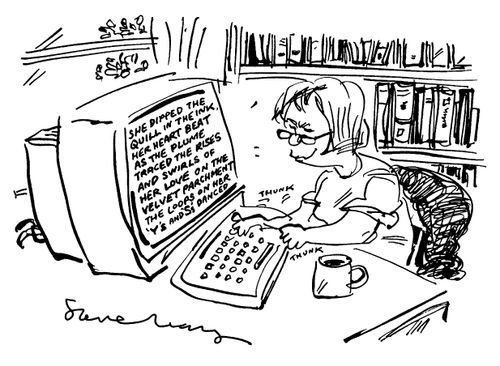 Woman writer writing romantical about writing on her unromantic computer