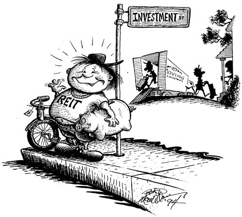 Small boy on 'Investment street' corner with a piggy bank, while removal trucks operate in the background.