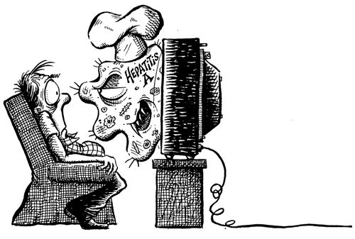 'Hepatitits A' coming aggressively from the television towards a man in a chair