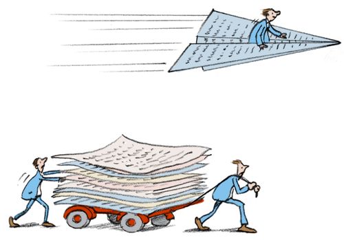 Men pulling trolley of documents overtaken by document made into paper dart.