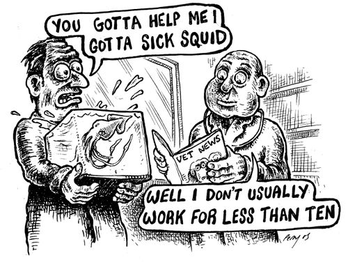 Man - 'You gotta help me I gotta sick squid.'  Vet - 'Well I don't usually work for less than ten.'