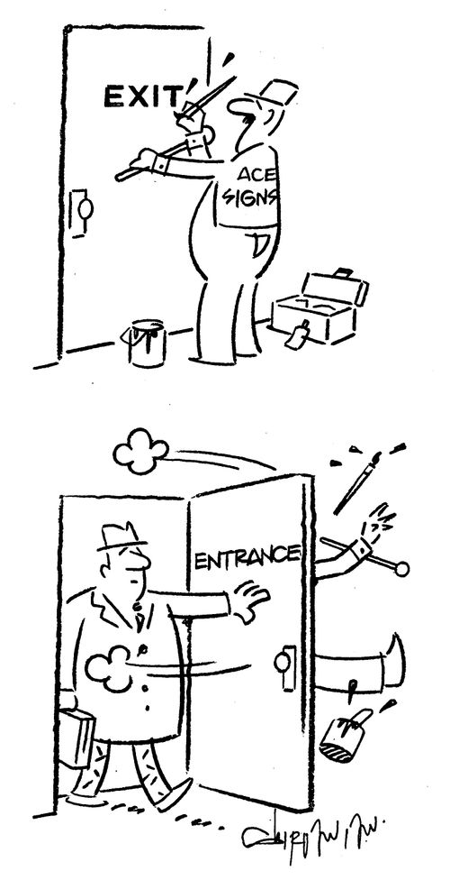 Man sweeps through newly painted 'entrance' door, knocking over sign painter on the other side.