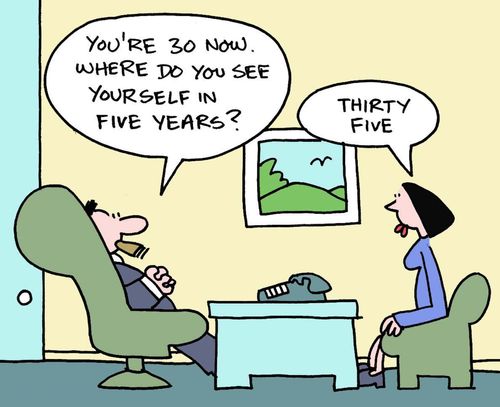 "You're 30 now.  Where do you see yourself in five years?"  "Thirty five."