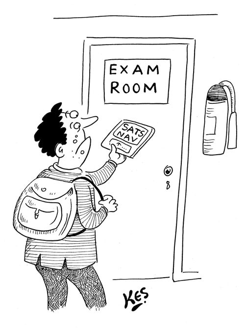 School boy uses 'Sats Nav' to navigate his way to exam room.