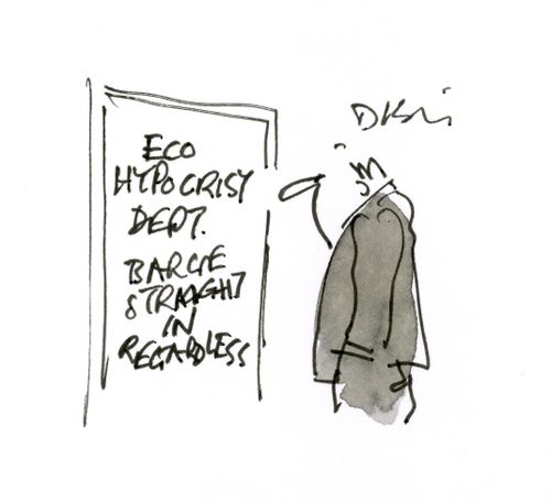 A door is labeled Eco Hypocrisy Dept. barge straight in regardless