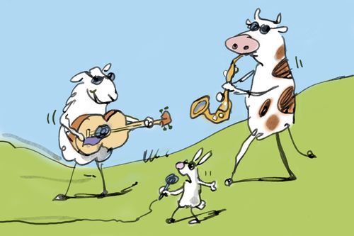 Band made of a sheep guitarist, cow saxophonist and rabbit singer