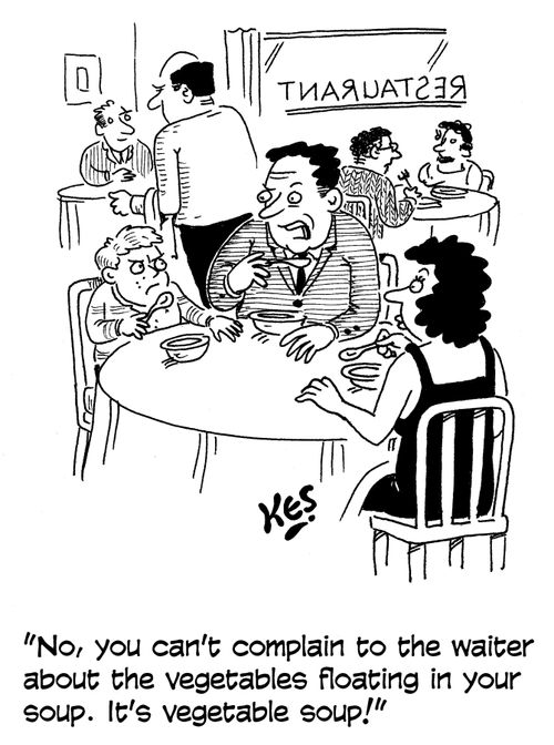 'No, you can't complain to the waiter about the vegetables floating in your soup. It's vegetable soup!'