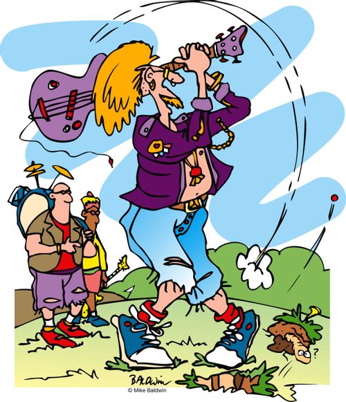 Man using guitar as golf club.