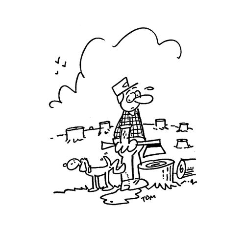 Dog wees on man's leg as all trees are gone.