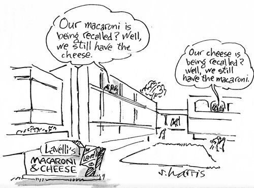 'Our macaroni is being recalled.  Well, we still have the cheese.' - 'Our cheese is being recalled?  Well, we still have the macaroni.'