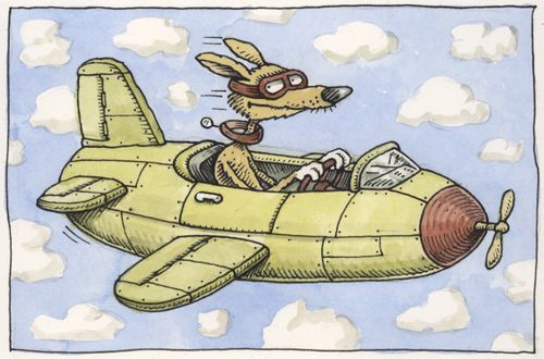 A dog flying a small plane.