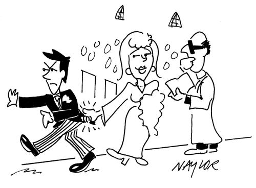 Bride grabbing groom's tailcoat.