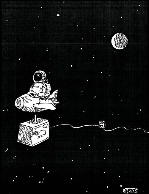 Astronaut flying on an children's rocket ride.