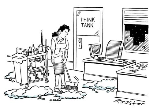 Cleaner at Think Tank sweeps up thought bubbles at the end of the day.