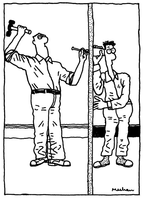 Man about to hammer nail into wall as neighbour listens.