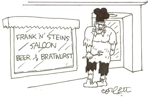 Frank 'n' Steins...beer & bratwurst (chef  Frankenstein).
