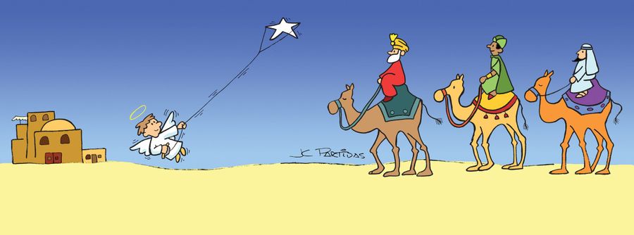 The wise men are following the star of Bethlehem, that is being pulled by a little angel.