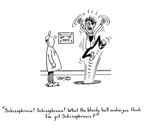 'Schizophrenia! Schizophrenia! What the bloody hell makes you think I've got schizophrenia?'