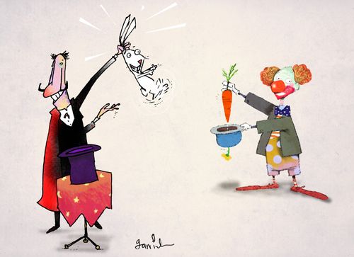 A Magician pulls a rabbit out of his hat while behind him a clown pulls a carrot out of his.