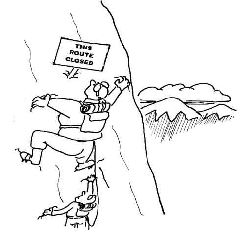 Mountain climbers face a closed route.