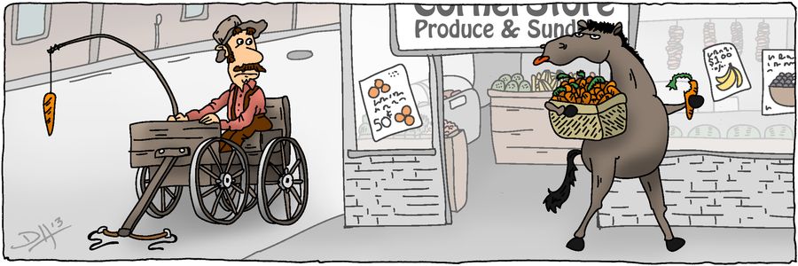 Grocery store ruins a cart drivers attempt to motivate his horse.