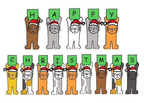 Cats in Santa hats holding letters that spell out 'Happy Christmas'.