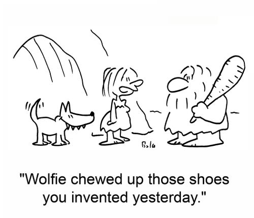 'Wolfie chewed up those shoes you invented yesterday.'