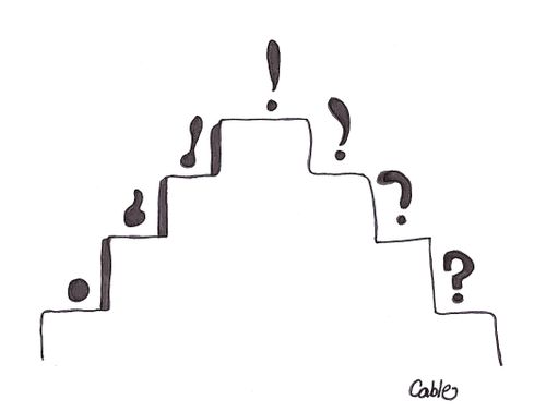 Progression steps showing period morphing into exclamation point and then ending as a question mark.
