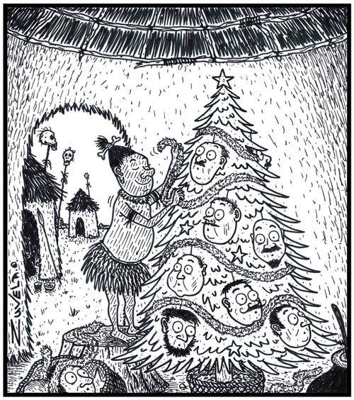 A male CannibalHeadhunter decorating his Xmas tree with Human heads for Baubles