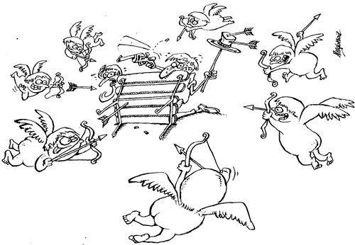 Cupids trying to attack young couple.