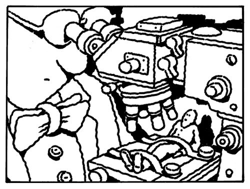 A small man under a giant microscope.