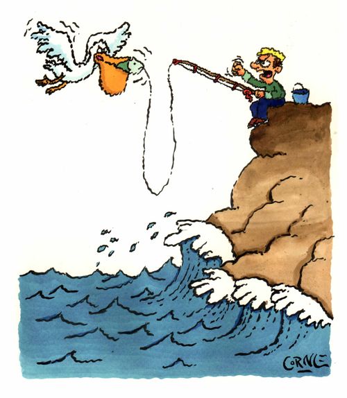 Fisherman and pelican fighting over a fish