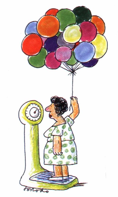 Woman weighing herself while holding balloons