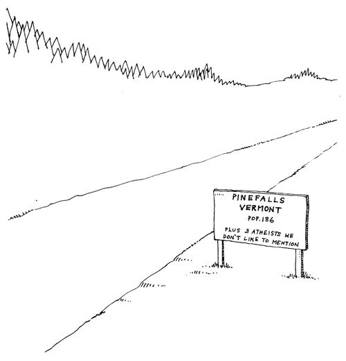 Welcome signs 'Pinefalls, pop 186, plus 3 atheists we don't like to mention'
