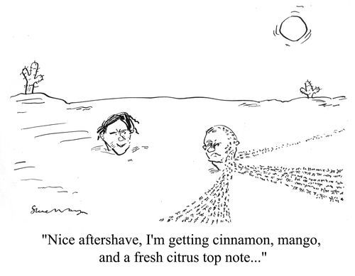 'Nice aftershave, I'm getting cinnamon, mango, and a fresh citrus top note...'