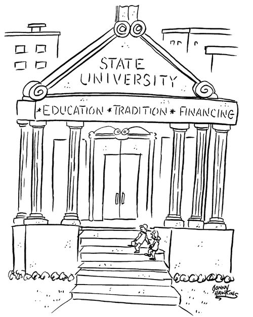 Building has etched in stone above it: 'Education', 'Tradition', 'Financing'
