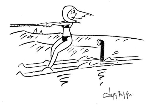 Periscope spies beautiful water-skier.