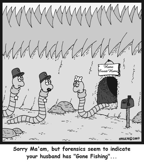 "Sorry Ma'am, but forensics seem to indicate your husband has 'Gone Fishing'..."