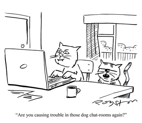 Cat says to cat using a computer: 'Are you causing trouble in those dog chat-rooms again?'