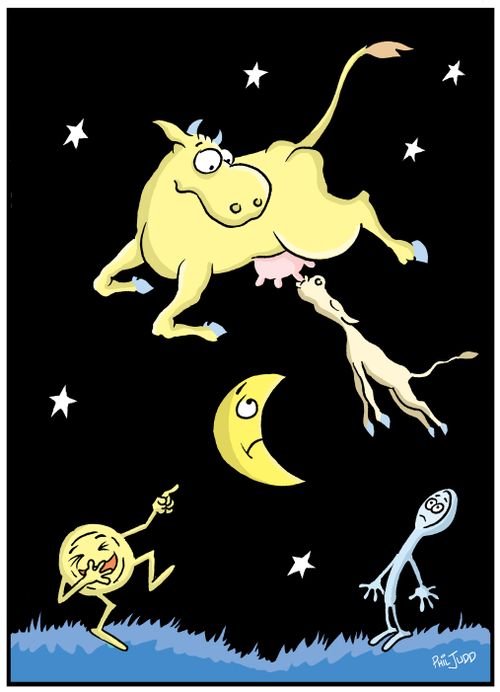 Cow who jumped over the moon with a calf hanging of its udders.
